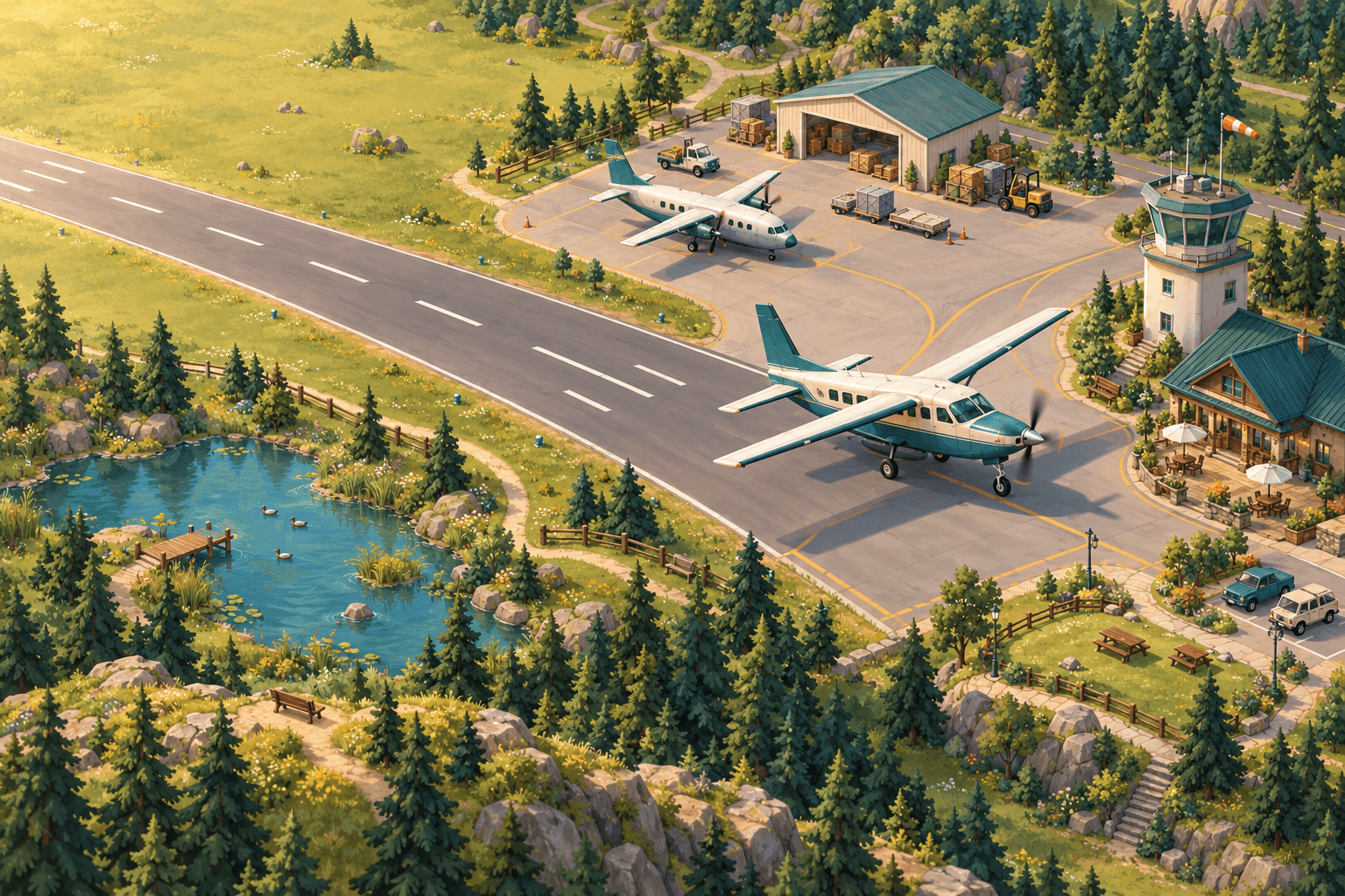 A hand-painted little airport in golden sunshine, with teal cargo aircraft, a café, pine trees and a duck pond.